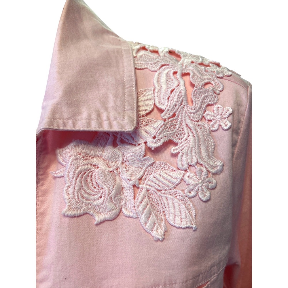 Peck & Peck Pink Denim Jacket Sz M Floral Lace Embroidered Stretch Cotton - Picture 4 of 12